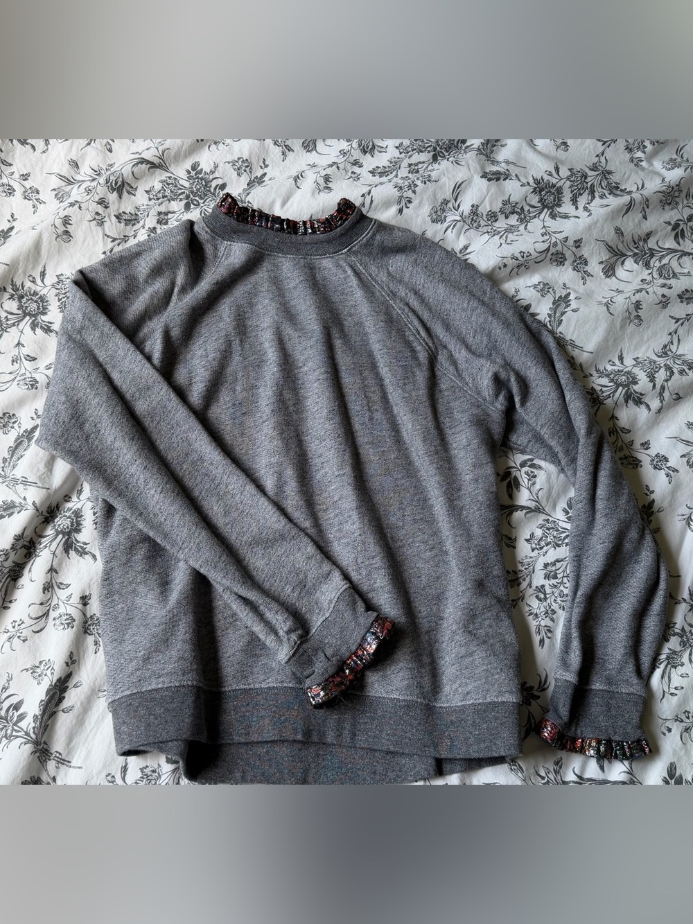 J. Crew Gray Crewneck Sweater with Subtle Ruffle Trim